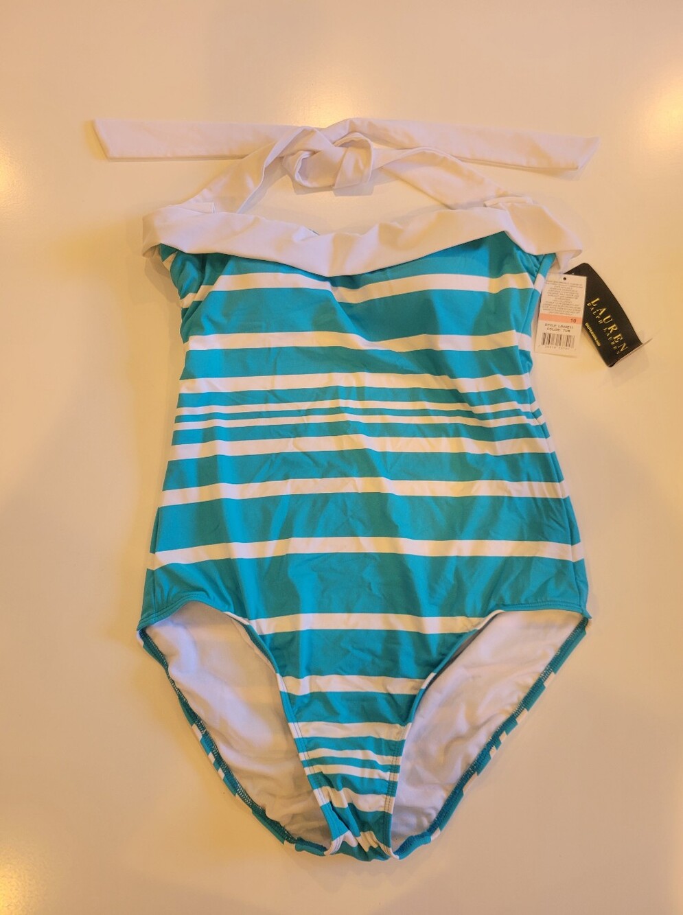 Ralph Lauren Teal and White Striped Halter One-Piece Swim Suit Bathing Suit